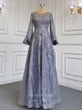 Prom Dress 2025 Beaded Lace Prom Dresses Long Sleeve Boat Neck Mother of the Bride Dresses 22068-unique elegant Prom Dresses-Grey-US2-vigocouture