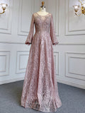 Prom Dress 2025 Beaded Lace Prom Dresses Long Sleeve Boat Neck Mother of the Bride Dresses 22068-unique elegant Prom Dresses-Pink-US2-vigocouture