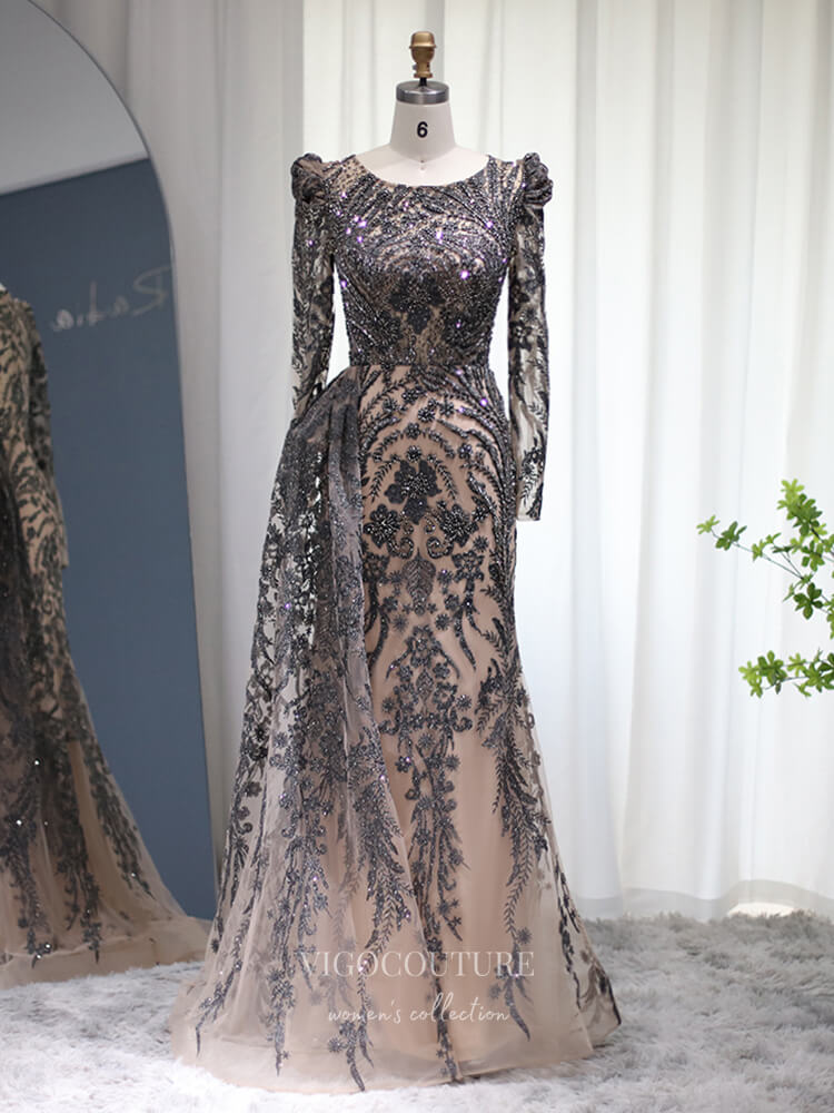 Prom Dress 2025 Beaded Lace Prom Dresses Long Sleeve Mother of the Bride Dress 22152-unique elegant Prom Dresses-Black-US2-vigocouture