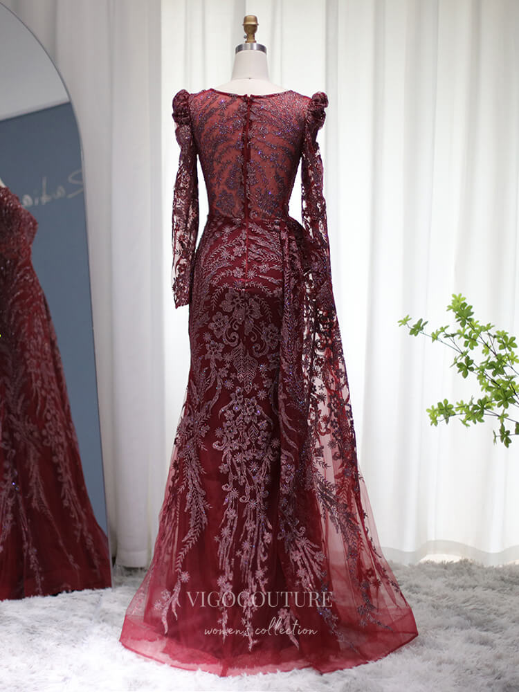 Prom Dress 2025 Beaded Lace Prom Dresses Long Sleeve Mother of the Bride Dress 22152-unique elegant Prom Dresses-Burgundy-US2-vigocouture