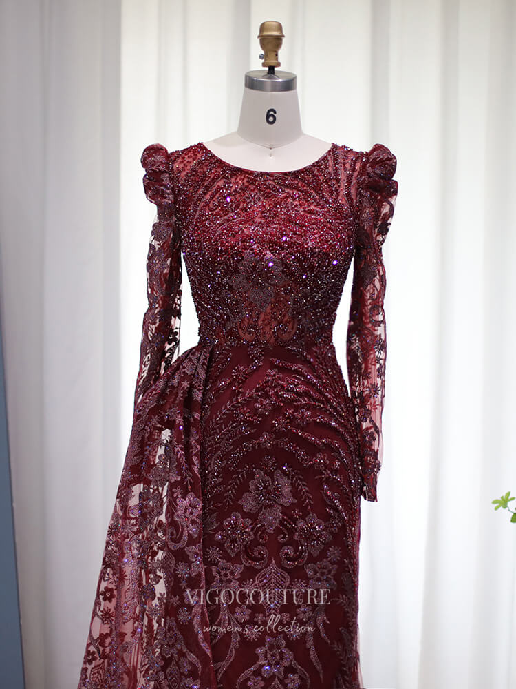 Prom Dress 2025 Beaded Lace Prom Dresses Long Sleeve Mother of the Bride Dress 22152-unique elegant Prom Dresses-Burgundy-US2-vigocouture