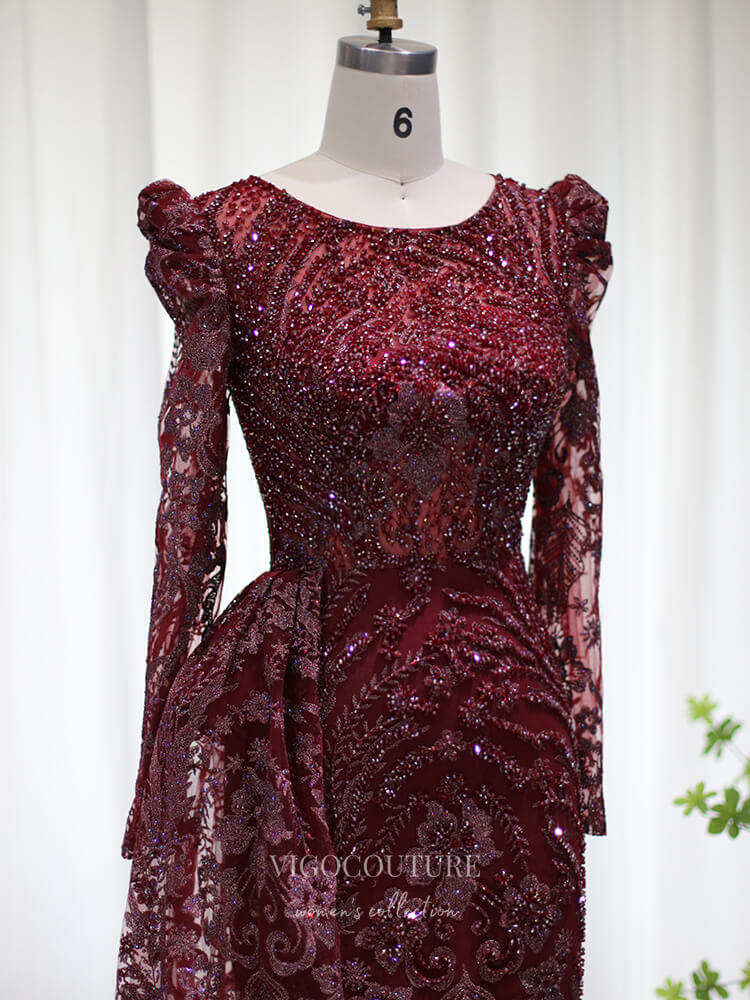 Prom Dress 2025 Beaded Lace Prom Dresses Long Sleeve Mother of the Bride Dress 22152-unique elegant Prom Dresses-Burgundy-US2-vigocouture