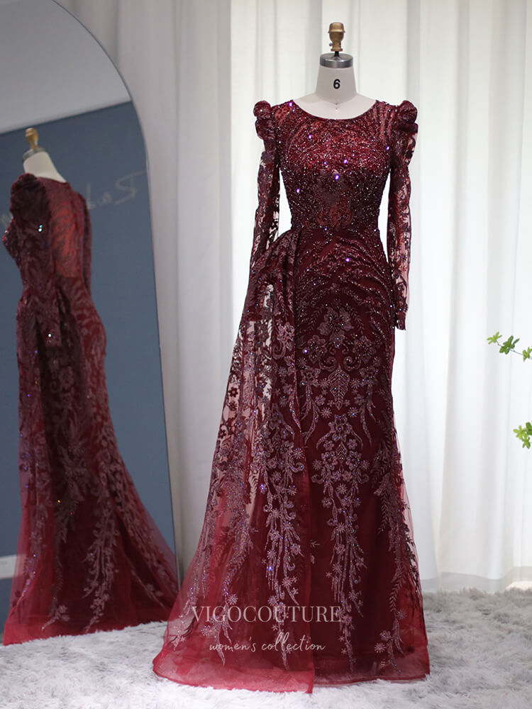 Prom Dress 2025 Beaded Lace Prom Dresses Long Sleeve Mother of the Bride Dress 22152-unique elegant Prom Dresses-Burgundy-US2-vigocouture