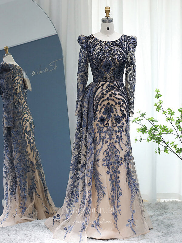 Prom Dress 2025 Beaded Lace Prom Dresses Long Sleeve Mother of the Bride Dress 22152-unique elegant Prom Dresses-Navy Blue-US2-vigocouture