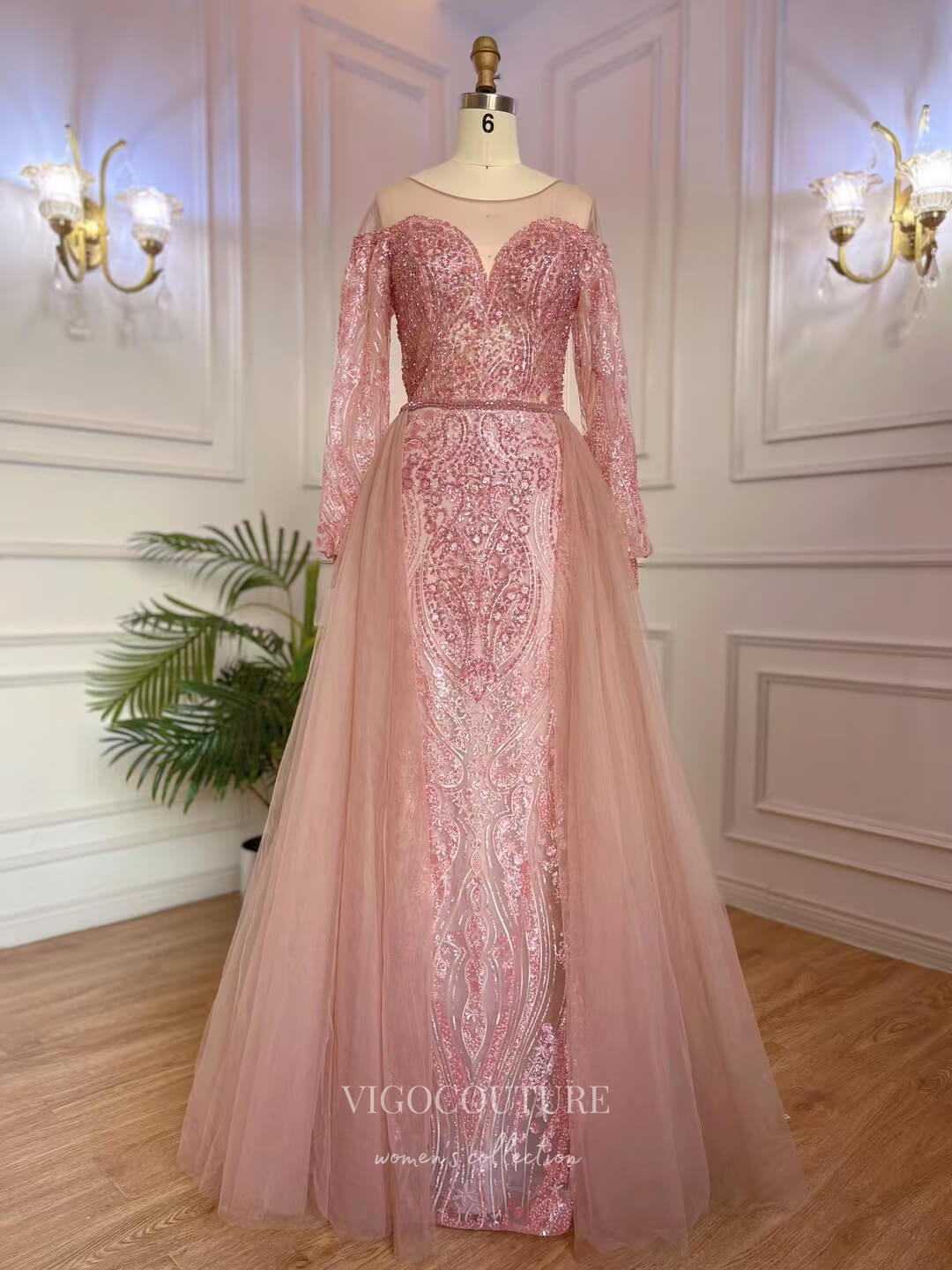 Prom Dress 2025 Beaded Lace Prom Dresses Long Sleeve Overskirt Mother of the Bride Dresses 22117-unique elegant Prom Dresses-Pink-US2-vigocouture