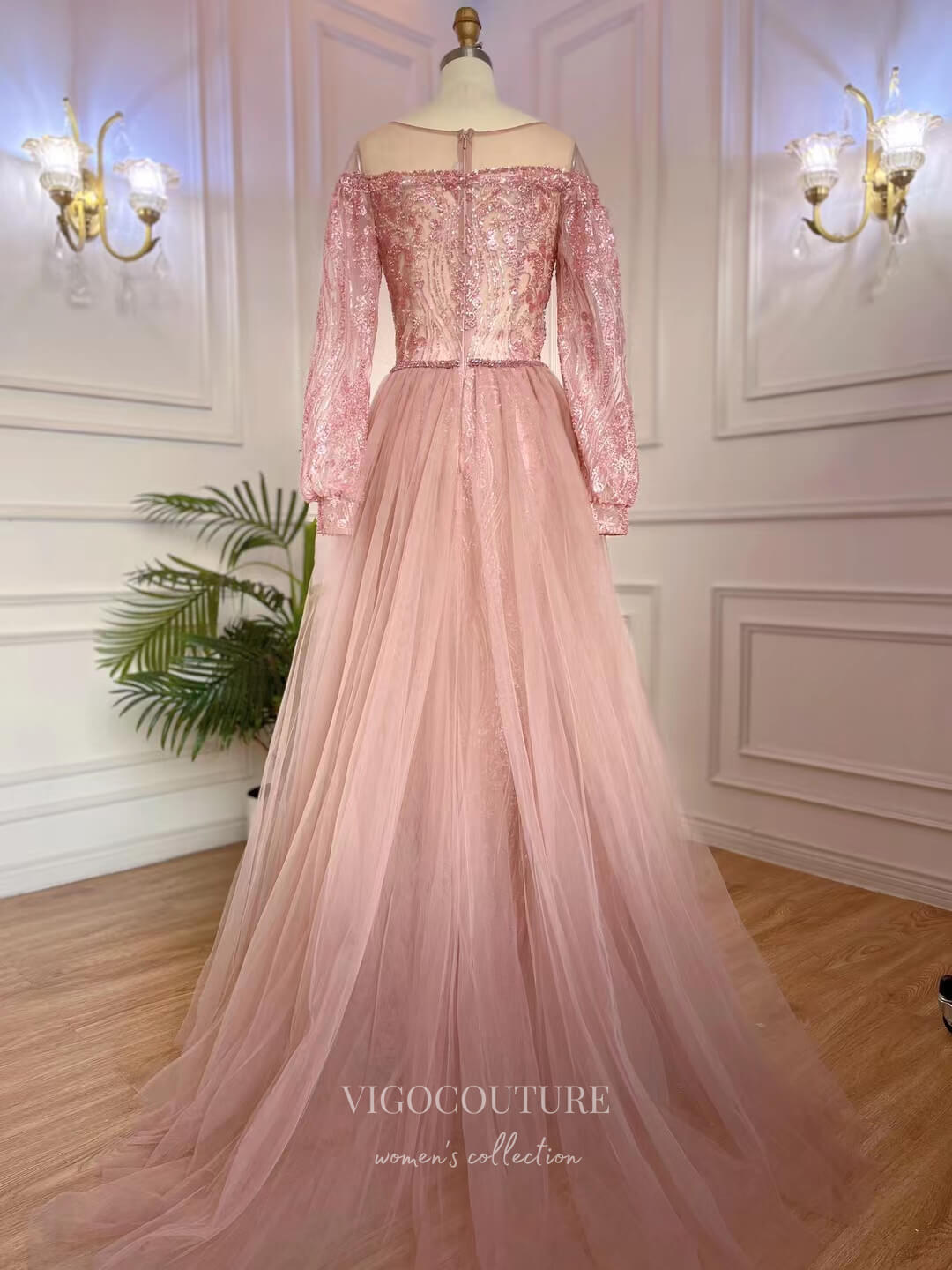 Prom Dress 2025 Beaded Lace Prom Dresses Long Sleeve Overskirt Mother of the Bride Dresses 22117-unique elegant Prom Dresses-Pink-US2-vigocouture