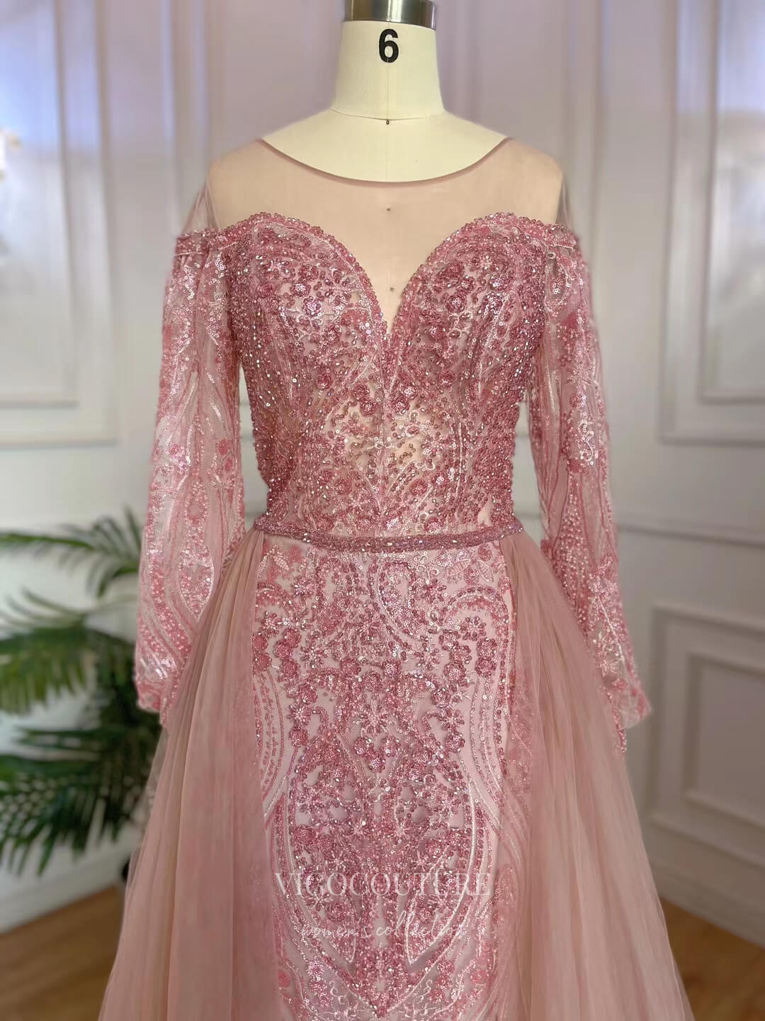 Prom Dress 2025 Beaded Lace Prom Dresses Long Sleeve Overskirt Mother of the Bride Dresses 22117-unique elegant Prom Dresses-Pink-US2-vigocouture