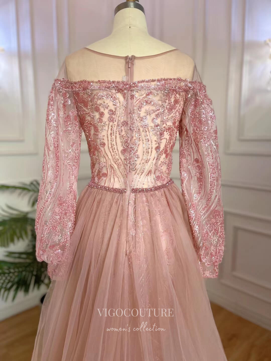 Prom Dress 2025 Beaded Lace Prom Dresses Long Sleeve Overskirt Mother of the Bride Dresses 22117-unique elegant Prom Dresses-Pink-US2-vigocouture