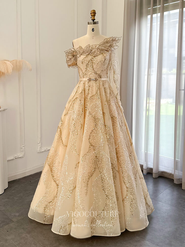 Prom Dress 2025 Beaded Lace Prom Dresses One Shoulder Long Sleeve Formal Dress 22158-unique elegant Prom Dresses-Gold-US2-vigocouture