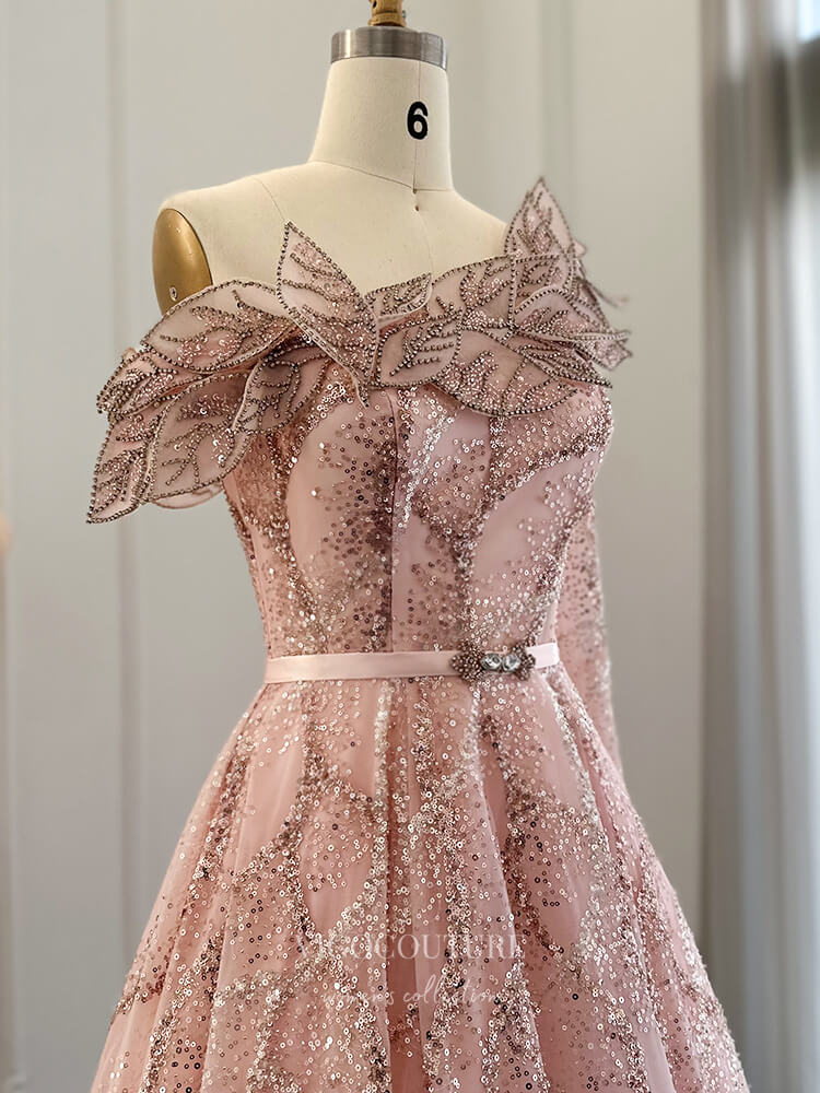 Beaded Lace Prom Dresses One Shoulder Long Sleeve Formal Dress 22158 Pink / US12 Beaded Lace Prom Dresses One Shoulder Long Sleeve Formal Dress 22158 Pink / US12