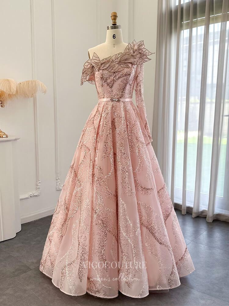 Beaded Lace Prom Dresses One Shoulder Long Sleeve Formal Dress 22158 vigocouture Beaded Lace Prom Dresses One Shoulder Long Sleeve Formal Dress 22158 vigocouture
