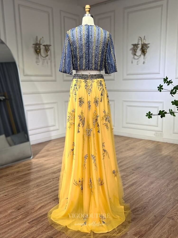 Prom Dress 2025 Beaded Lace Two Piece Formal Dresses Half Sleeve Pageant Dress 25026-unique elegant Prom Dresses-Yellow-US2-vigocouture