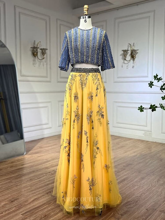 Prom Dress 2025 Beaded Lace Two Piece Formal Dresses Half Sleeve Pageant Dress 25026-unique elegant Prom Dresses-Yellow-US2-vigocouture