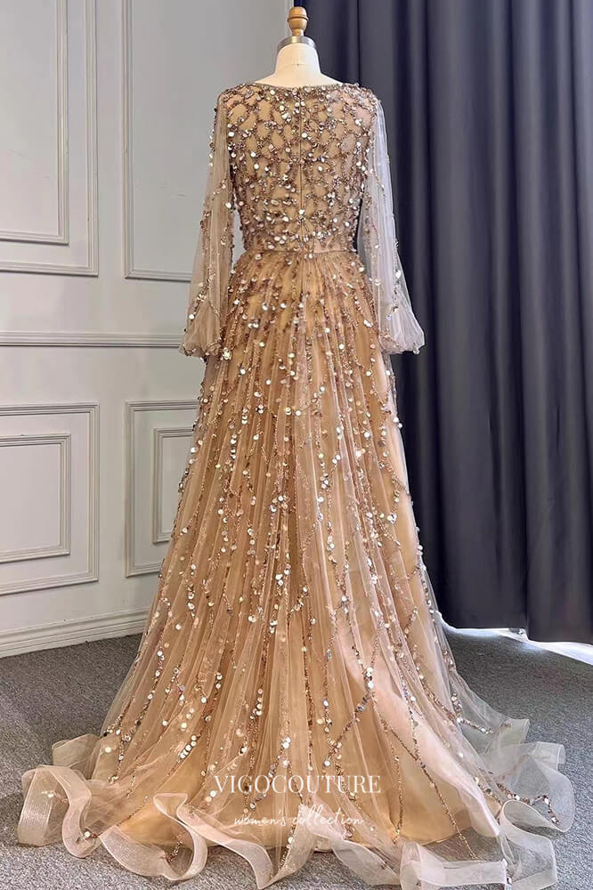 Prom Dress 2025 Beaded Long Sleeve Formal Dresses A-Line Prom Dress 21625-unique elegant Prom Dresses-Champagne-US2-vigocouture