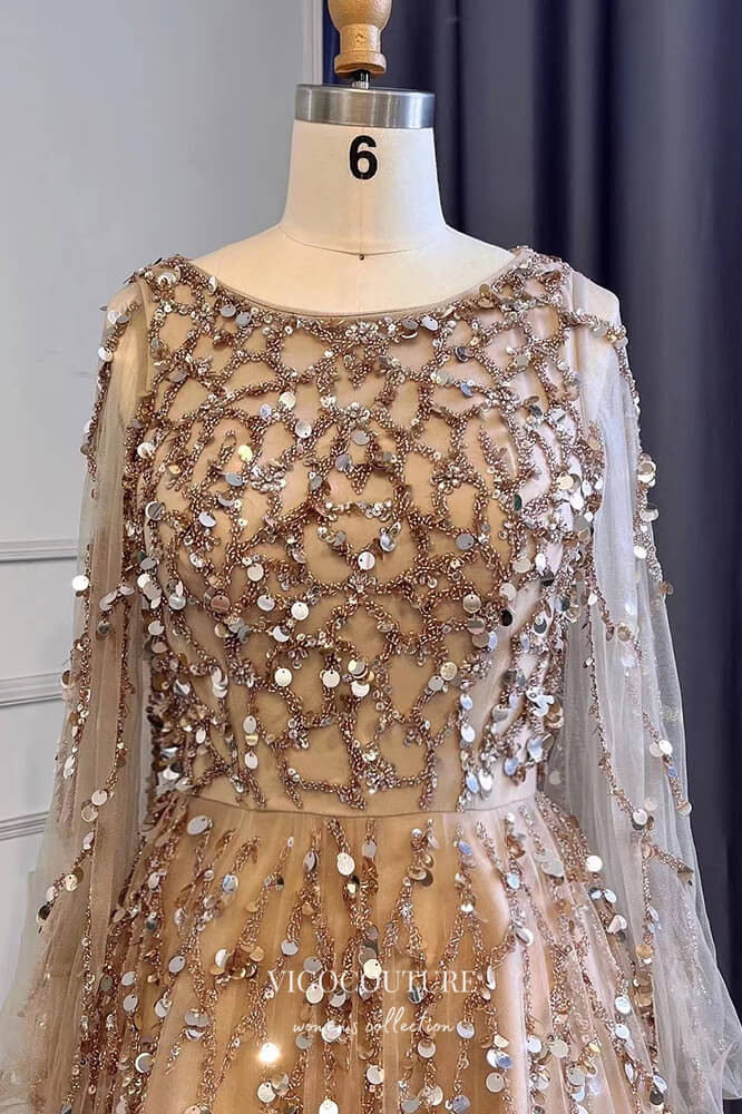 Beaded Long Sleeve Formal Dresses A-Line Prom Dress 21625 Champagne / US14 Beaded Long Sleeve Formal Dresses A-Line Prom Dress 21625 Champagne / US14