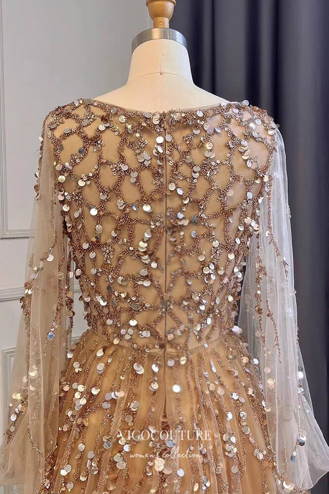Beaded Long Sleeve Formal Dresses A-Line Prom Dress 21625 Champagne / US14 Beaded Long Sleeve Formal Dresses A-Line Prom Dress 21625 Champagne / US14