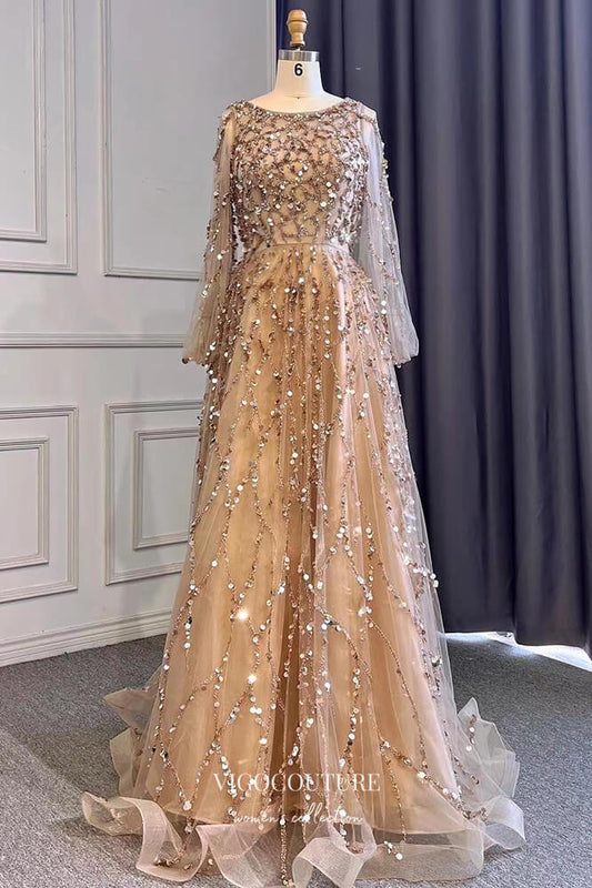 Prom Dress 2025 Beaded Long Sleeve Formal Dresses A-Line Prom Dress 21625-unique elegant Prom Dresses-Champagne-US2-vigocouture