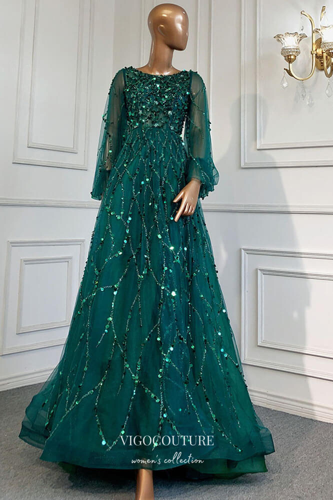 Prom Dress 2025 Beaded Long Sleeve Formal Dresses A-Line Prom Dress 21625-unique elegant Prom Dresses-Green-US2-vigocouture