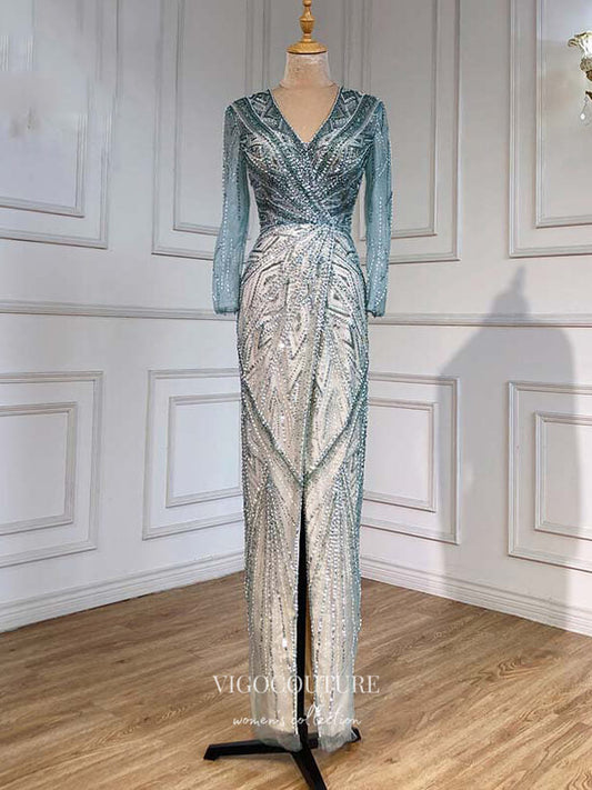 Prom Dress 2025 Beaded Long Sleeve Formal Dresses Mermaid Evening Dresses 21523-unique elegant Prom Dresses-Blue-US2-vigocouture