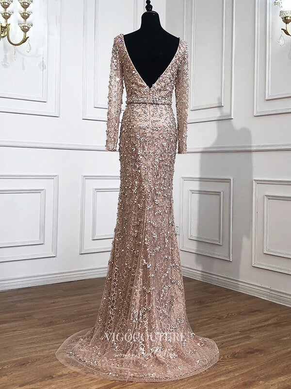 Prom Dress 2025 Beaded Long Sleeve Formal Dresses V-Neck Mermaid Evening Dresses 21515-unique elegant Prom Dresses-Blush-US2-vigocouture