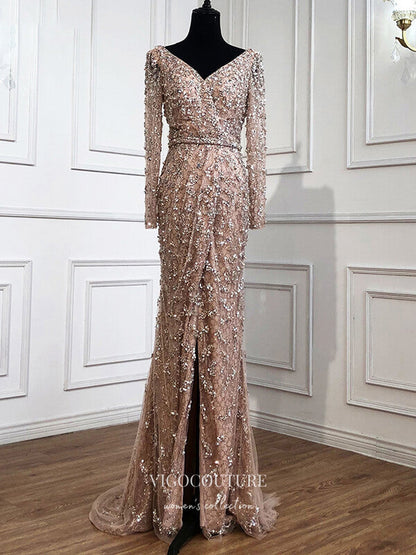 Beaded Long Sleeve Formal Dresses V-Neck Mermaid Evening Dresses 21515 Grey / US14 Beaded Long Sleeve Formal Dresses V-Neck Mermaid Evening Dresses 21515 Grey / US14