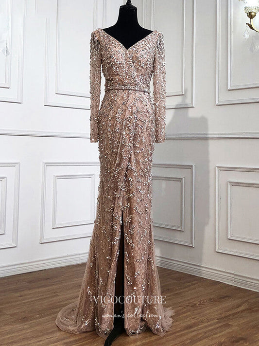 Prom Dress 2025 Beaded Long Sleeve Formal Dresses V-Neck Mermaid Evening Dresses 21515-unique elegant Prom Dresses-Blush-US2-vigocouture