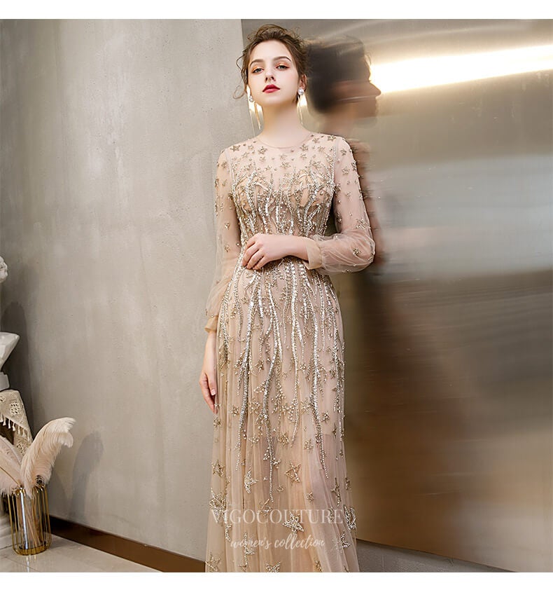 Prom Dress 2025 Beaded Long Sleeve Prom Dress 20192-unique elegant Prom Dresses-Champagne-US2-vigocouture