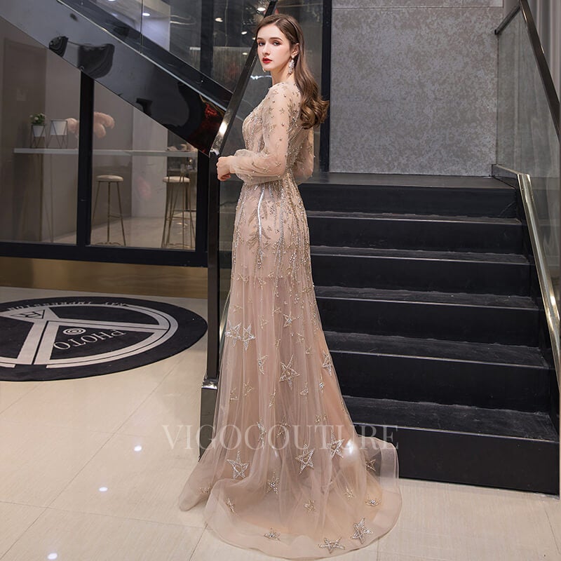 Prom Dress 2025 Beaded Long Sleeve Prom Dress 20192-unique elegant Prom Dresses-Champagne-US2-vigocouture