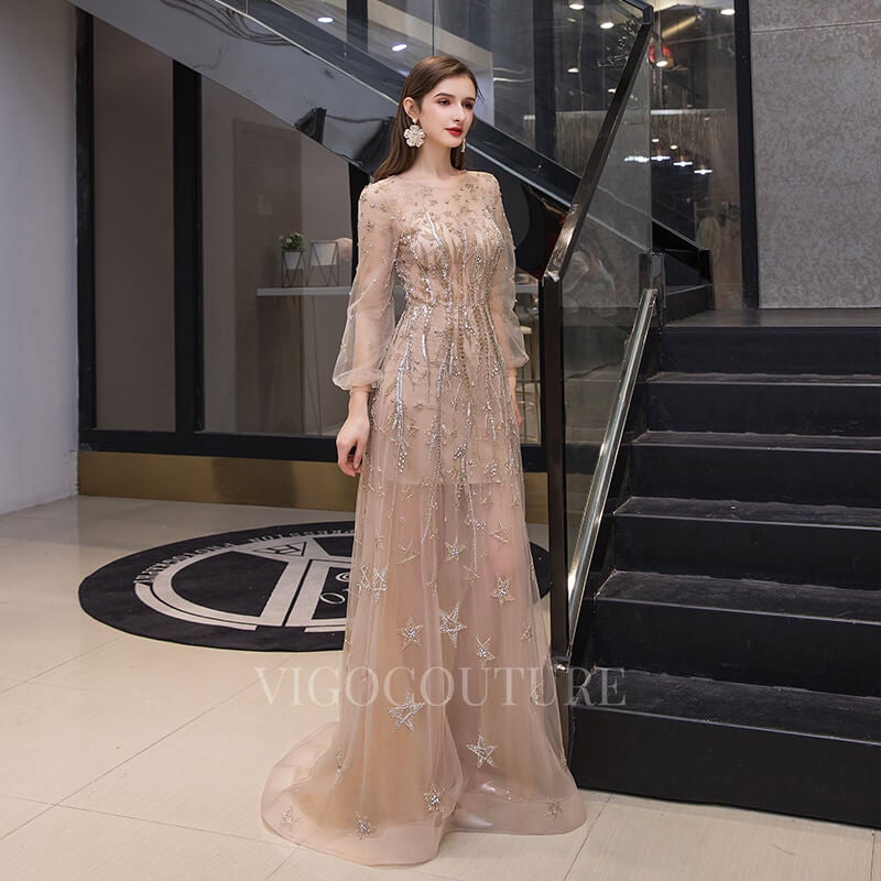 Prom Dress 2025 Beaded Long Sleeve Prom Dress 20192-unique elegant Prom Dresses-Champagne-US2-vigocouture