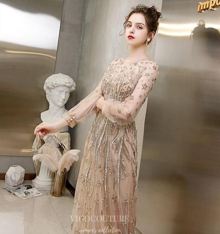 Prom Dress 2025 Beaded Long Sleeve Prom Dress 20192-unique elegant Prom Dresses-Champagne-US2-vigocouture