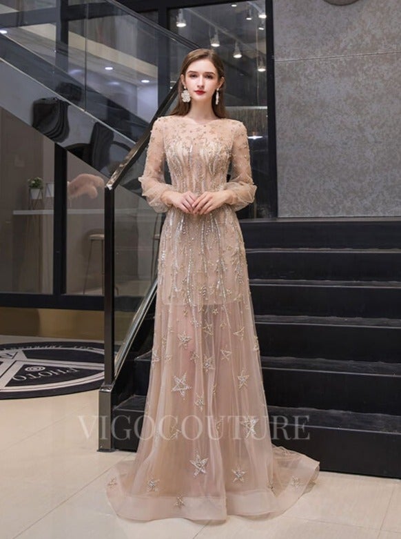 Prom Dress 2025 Beaded Long Sleeve Prom Dress 20192-unique elegant Prom Dresses-Champagne-US2-vigocouture