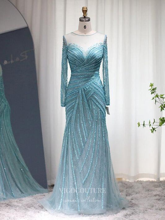 Prom Dress 2025 Beaded Long Sleeve Prom Dresses Boat Neck 20s Evening Dress 22144-unique elegant Prom Dresses-Dusty Blue-US2-vigocouture