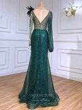 Prom Dress 2025 Beaded Long Sleeve Prom Dresses Boat Neck Evening Dresses 21205-unique elegant Prom Dresses-Green-US2-vigocouture