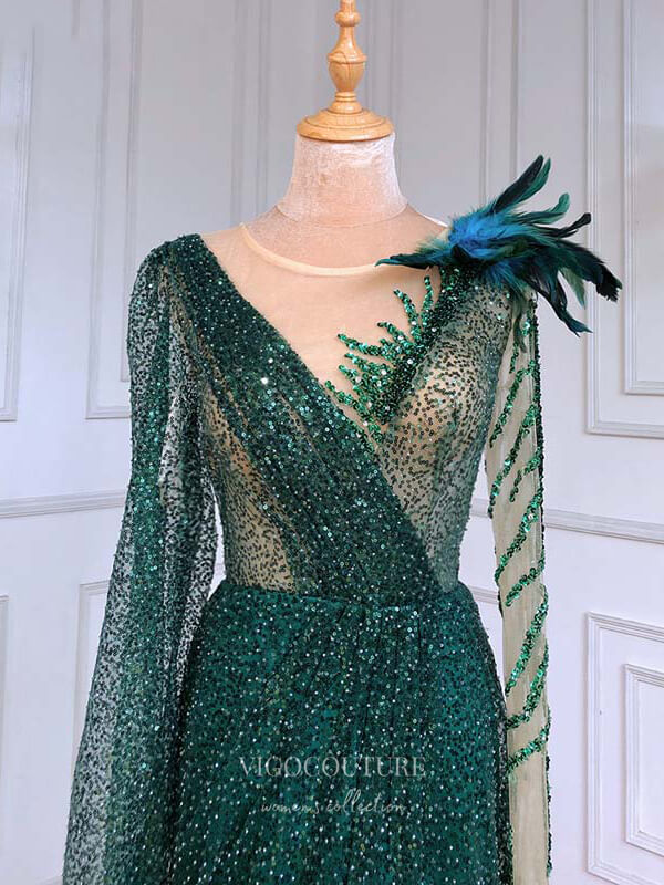 Prom Dress 2025 Beaded Long Sleeve Prom Dresses Boat Neck Evening Dresses 21205-unique elegant Prom Dresses-Green-US2-vigocouture