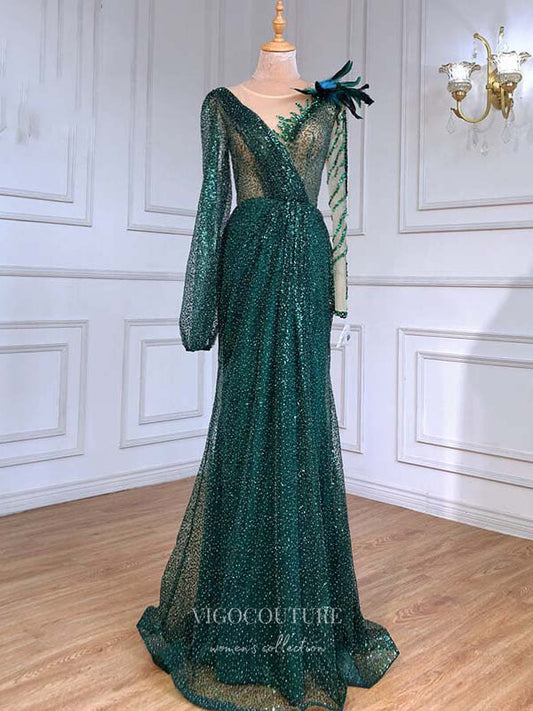 Prom Dress 2025 Beaded Long Sleeve Prom Dresses Boat Neck Evening Dresses 21205-unique elegant Prom Dresses-Green-US2-vigocouture