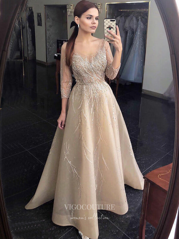 Prom Dress 2025 Beaded Long Sleeve Prom Dresses Boat Neck Evening Dresses 21304-unique elegant Prom Dresses-Champagne-US2-vigocouture