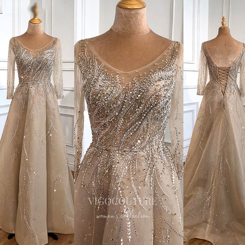 Prom Dress 2025 Beaded Long Sleeve Prom Dresses Boat Neck Evening Dresses 21304-unique elegant Prom Dresses-Champagne-US2-vigocouture