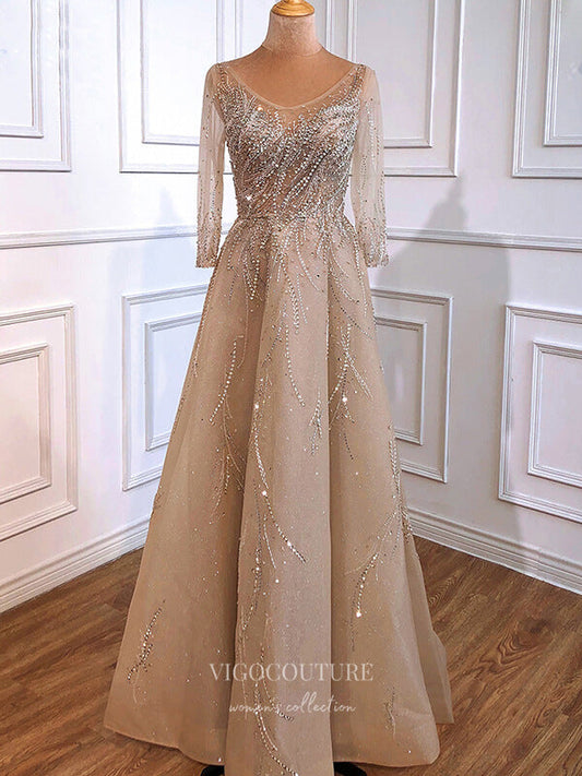 Prom Dress 2025 Beaded Long Sleeve Prom Dresses Boat Neck Evening Dresses 21304-unique elegant Prom Dresses-Champagne-US2-vigocouture