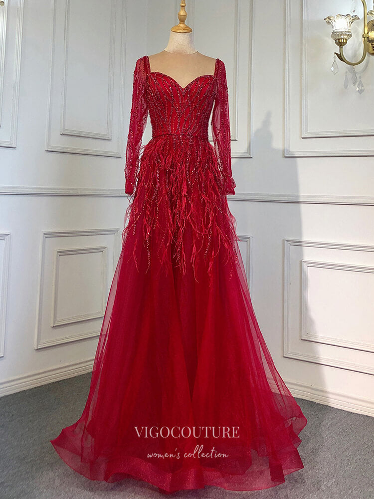 Beaded Long Sleeve Prom Dresses Feather Sweetheart Neck Formal Dress 2 vigocouture Beaded Long Sleeve Prom Dresses Feather Sweetheart Neck Formal Dress 2 vigocouture