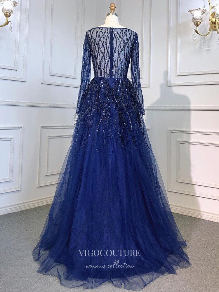 Beaded Long Sleeve Prom Dresses Feather Sweetheart Neck Formal Dress 22067 Blue / US16 Beaded Long Sleeve Prom Dresses Feather Sweetheart Neck Formal Dress 22067 Blue / US16