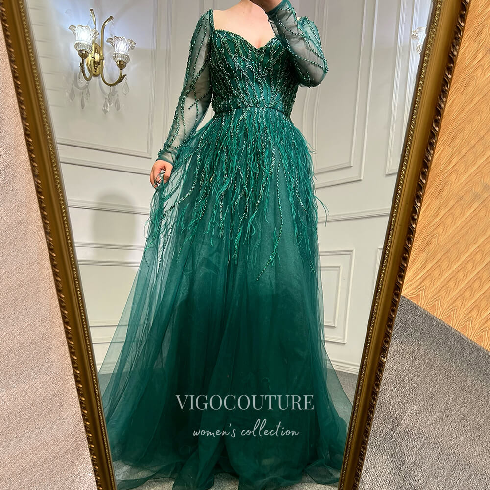 Beaded Long Sleeve Prom Dresses Feather Sweetheart Neck Formal Dress 22067 Blue / US16 Beaded Long Sleeve Prom Dresses Feather Sweetheart Neck Formal Dress 22067 Blue / US16