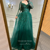 Prom Dress 2025 Beaded Long Sleeve Prom Dresses Feather Sweetheart Neck Formal Dress 22067-unique elegant Prom Dresses-Green-US2-vigocouture