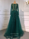 Prom Dress 2025 Beaded Long Sleeve Prom Dresses Feather Sweetheart Neck Formal Dress 22067-unique elegant Prom Dresses-Green-US2-vigocouture