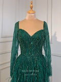 Prom Dress 2025 Beaded Long Sleeve Prom Dresses Feather Sweetheart Neck Formal Dress 22067-unique elegant Prom Dresses-Green-US2-vigocouture