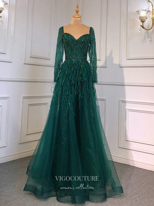 Prom Dress 2025 Beaded Long Sleeve Prom Dresses Feather Sweetheart Neck Formal Dress 22067-unique elegant Prom Dresses-Green-US2-vigocouture