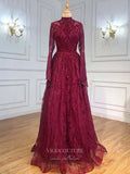 Prom Dress 2025 Beaded Long Sleeve Prom Dresses High Neck Evening Dresses 21202-unique elegant Prom Dresses-Burgundy-US2-vigocouture