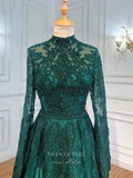 Prom Dress 2025 Beaded Long Sleeve Prom Dresses High Neck Evening Dresses 21202-unique elegant Prom Dresses-Green-US2-vigocouture