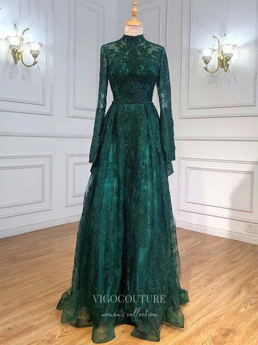 Prom Dress 2025 Beaded Long Sleeve Prom Dresses High Neck Evening Dresses 21202-unique elegant Prom Dresses-Green-US2-vigocouture