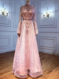 Prom Dress 2025 Beaded Long Sleeve Prom Dresses High Neck Evening Dresses 21202-unique elegant Prom Dresses-Pink-US2-vigocouture