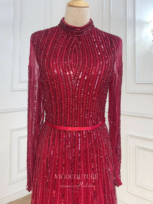 Prom Dress 2025 Beaded Long Sleeve Prom Dresses High Neck Evening Dresses 21204-unique elegant Prom Dresses-Burgundy-US2-vigocouture